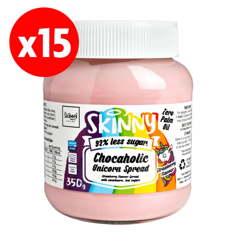 (Opruiming, ten minste houdbaar tot februari 2024) Unicorn Suikerarme Chocolade Skinny Spread - 350 g x 15
