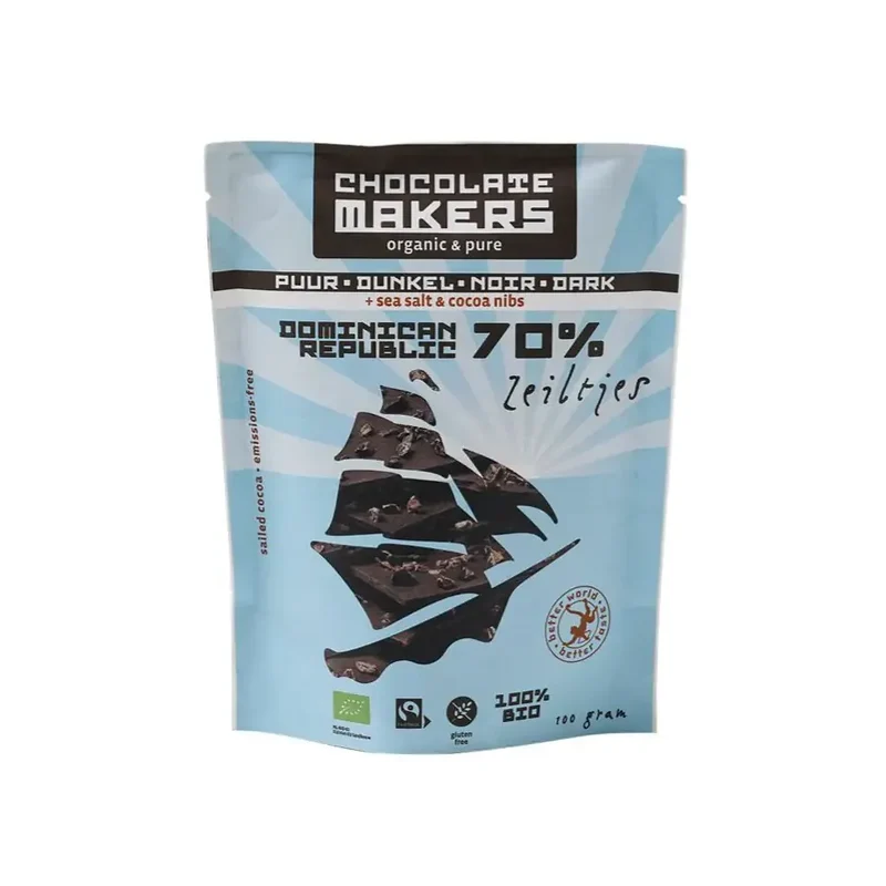 Chocolatemakers Bio chocozeiltjes puur 70% met zeezout en nibs 100 gram