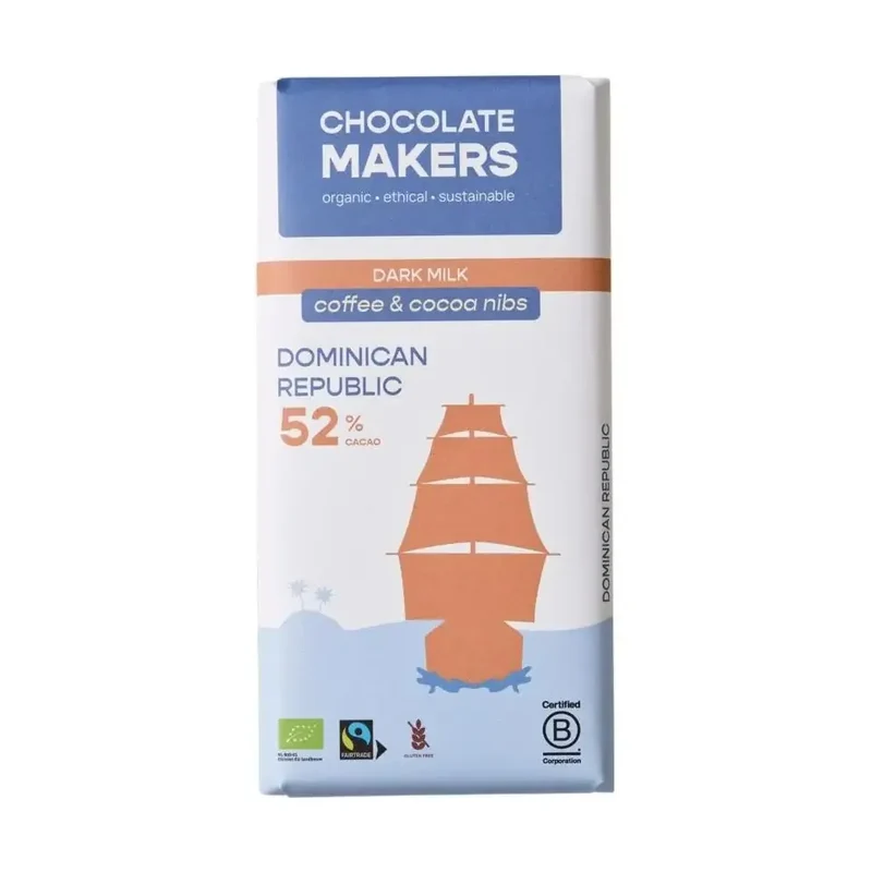 Chocolatemakers Reep tres hombres 52% melk cacaonibs & koffie 80 gram