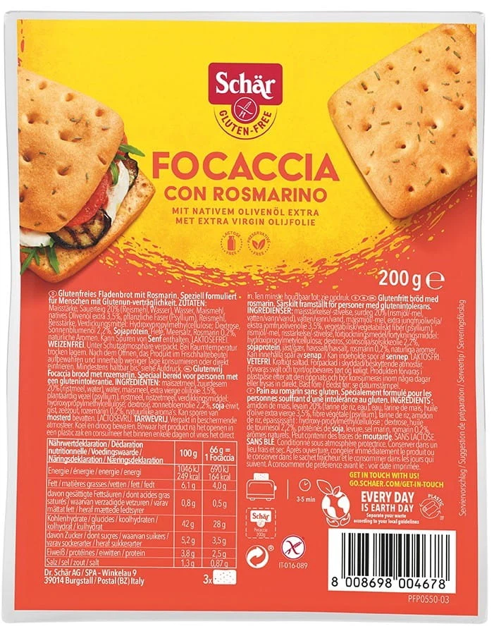 Focaccia mit Rosmarin glutenfrei 200 g Schar DATE: 03.2026