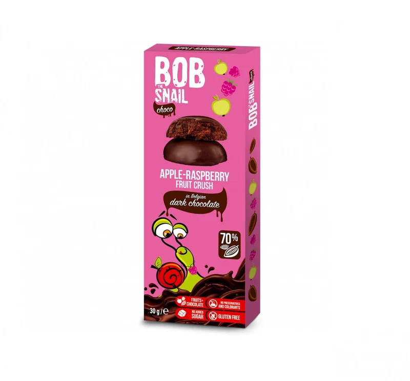 SNACK „CHOCO APFEL – HIMBEERE“ IN BELGISCHER DUNKLER SCHOKOLADE, OHNE ZUCKERZUSATZ, GLUTENFREI, 30 g – BOB SNAIL MHD: 09-2026