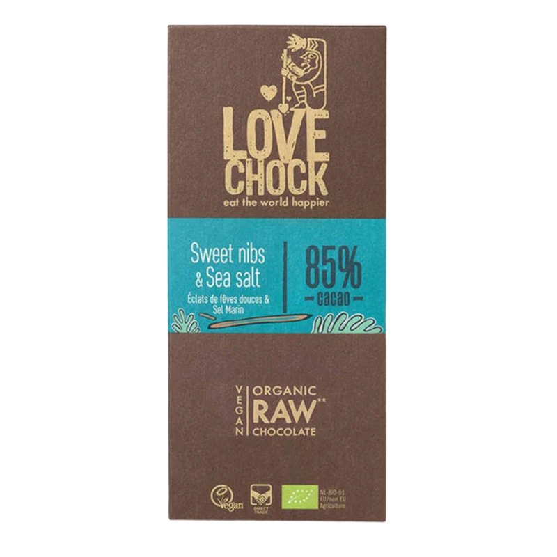 Lovechock Sweet Nibs & Zeezout: Rauwe Biologische Chocoladereep met Cacaonibs, Dadels & Zeezout