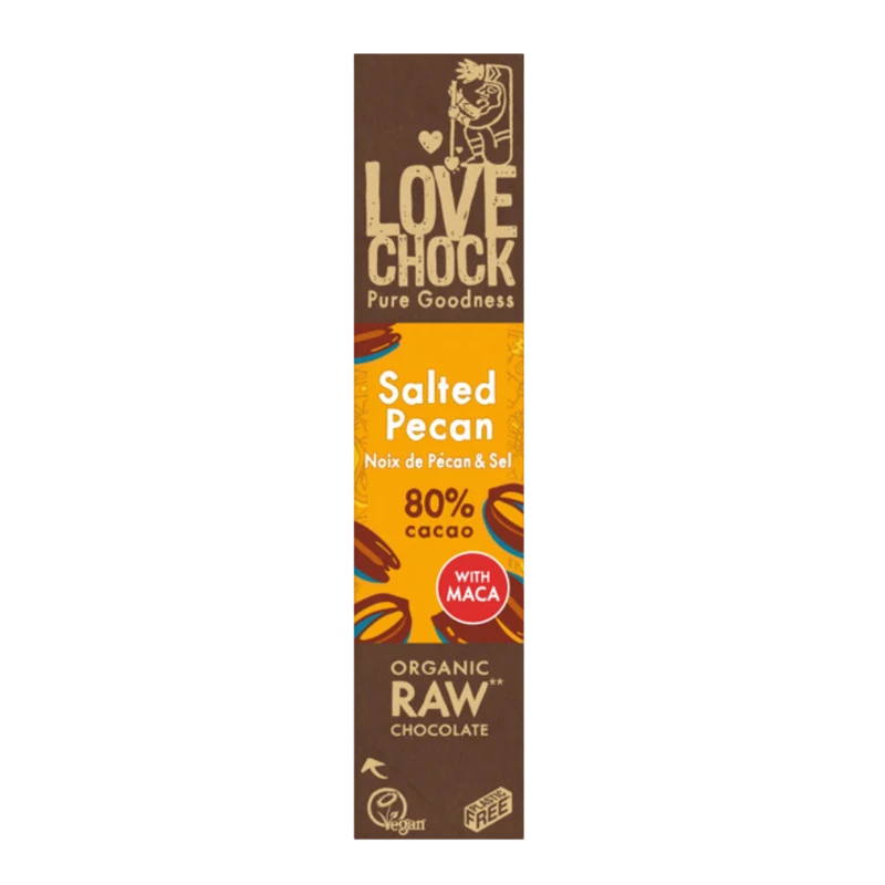 Lovechock Gezouten Pecan: Rauwe Biologische Chocoladereep met Pecannoten, Maca & Zeezout