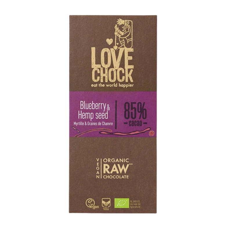 Lovechock Bosbessen & Hennepzaad: Biologische rauwe chocoladereep met bosbessen en hennepzaden