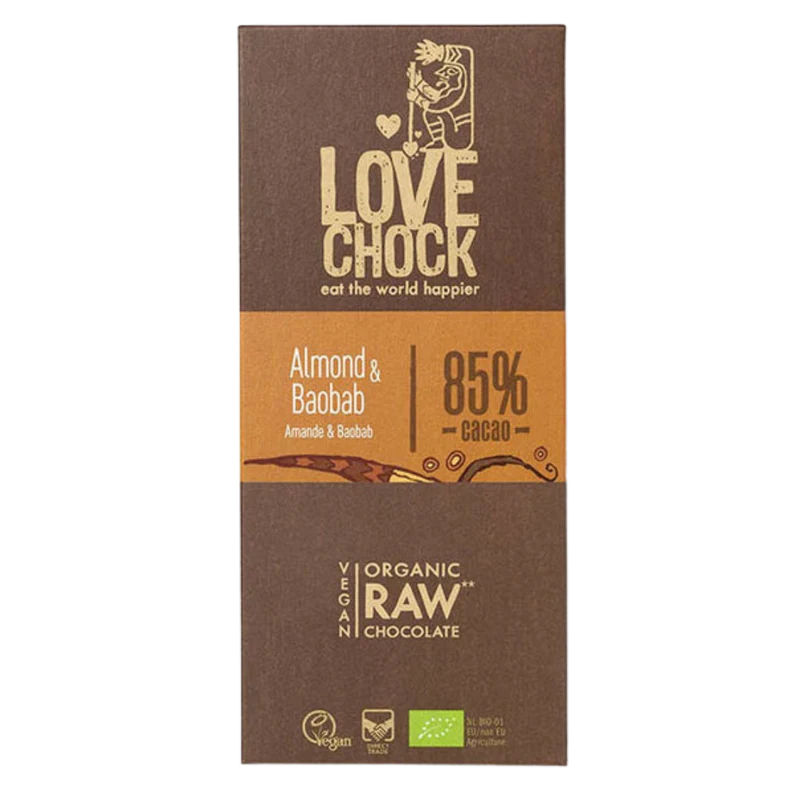 Lovechock Amandel & Baobab: rauwe biologische chocoladereep met amandelstukjes & Baobab
