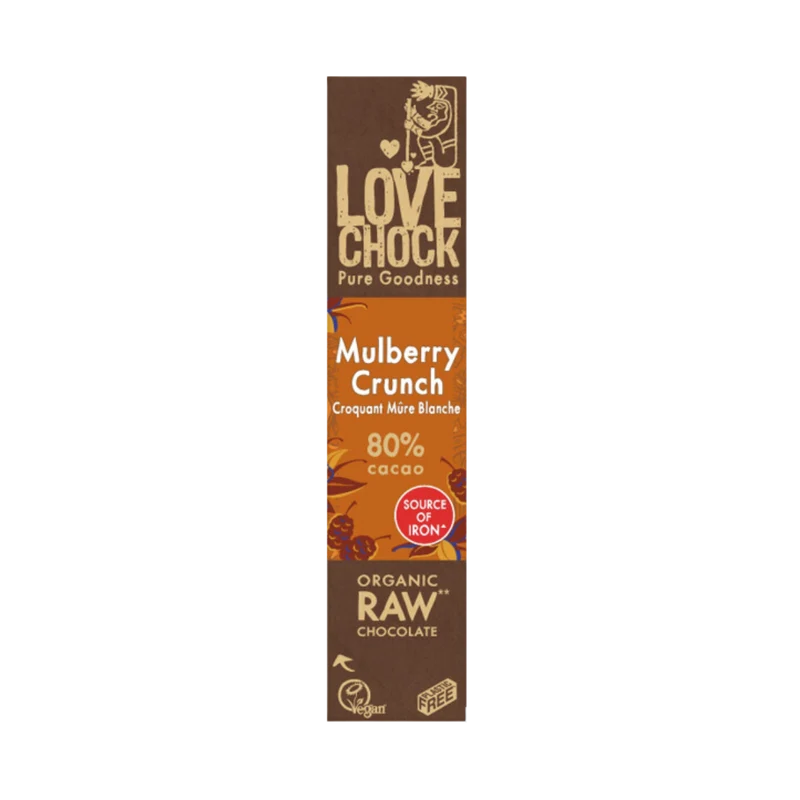 Chocolade moerbei crunch: rauwe koudgemalen cacao met zoete moerbeien
