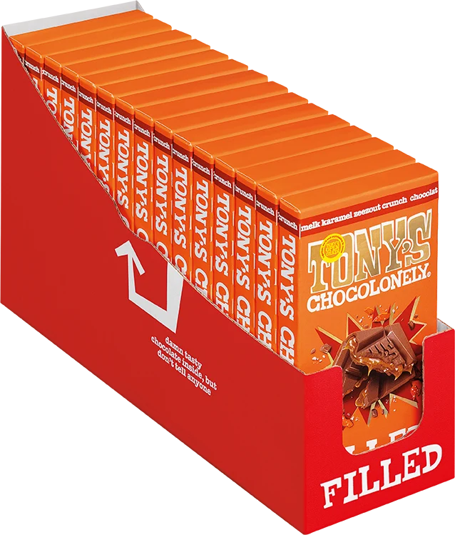 Filled melkchocolade karamel zeezout crunch, 15 repen