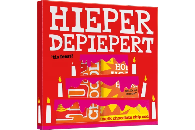 chocolade cadeaupakket hieperdepiepert - melk karamel zeezout & melk chocolate chip cookie
