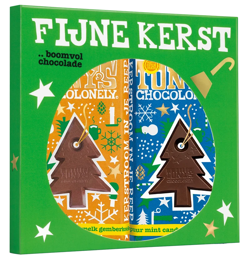Kerst Chocolade Cadeauset - 2 repen: melk gingerbread + puur mint candy cane