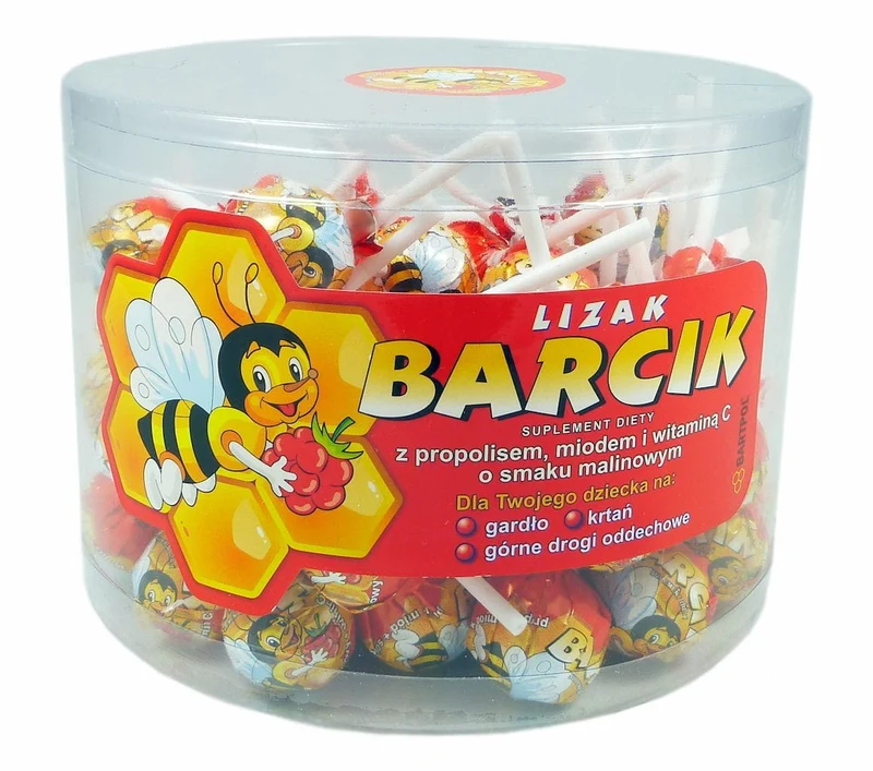 BARTPOL Lizak Barcik z propolisem, miodem i witaminą C o smaku malinowym 60szt. TUBA DATA: 04.2026