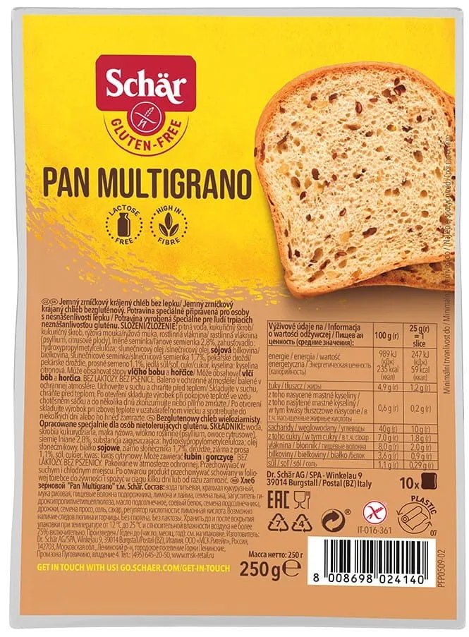 Pan Multigrano glutenfreies Mehrkornbrot 250 g Schar DATE: 02.2026