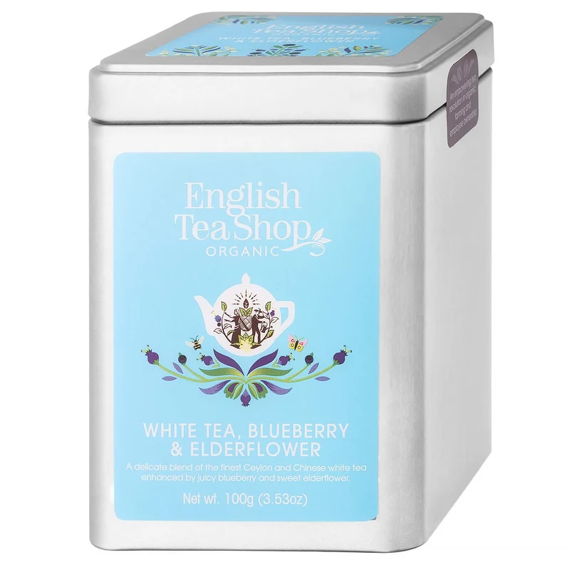 Weißer Tee mit Zitronengras, Holunderblüten und Blaubeeren, lose Blätter, in der 100g-Dose BIO ENGLISH TEA SHOP