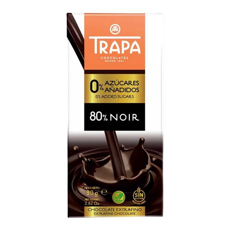TRAPA Dunkle Schokolade 80% ohne Zuckerzusatz glutenfrei 80g