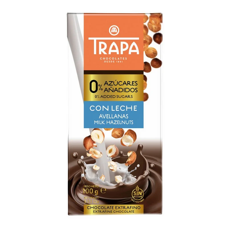 TRAPA Vollmilchschokolade mit Haselnüssen ohne Zuckerzusatz glutenfrei 100g