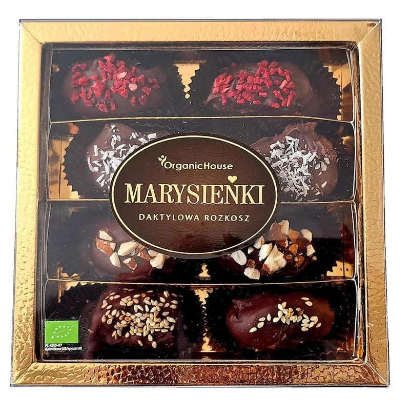 MEDJOOL DACTS ÜBERZOGEN MIT DUNKLER SCHOKOLADE MIT SURRISE UND POSISPOSE GLUTENFREI BIO 210 g - ORGANICHOUSE (MARYSIEŃKI)