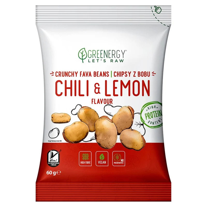 Bohnenchips mit der Geschmacksrichtung "Chili mit Zitrone" Greenergy, 60g DATUM: 12.2025