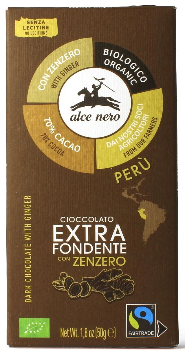 FAIR TRADE GLUTENFREIES BIO 50 g - ALCE NERO Bitterschokolade mit Ingwer