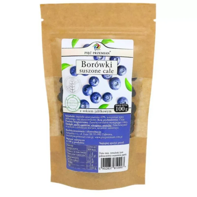 Myrtilles entières séchées au jus de pomme 100g CINQ CHANGEMENTS